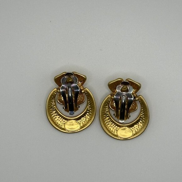Vintage Earrings Couture Matte Gold Tone Metal Dangle Runway Clip Bold Cross 80s - Picture 2 of 8